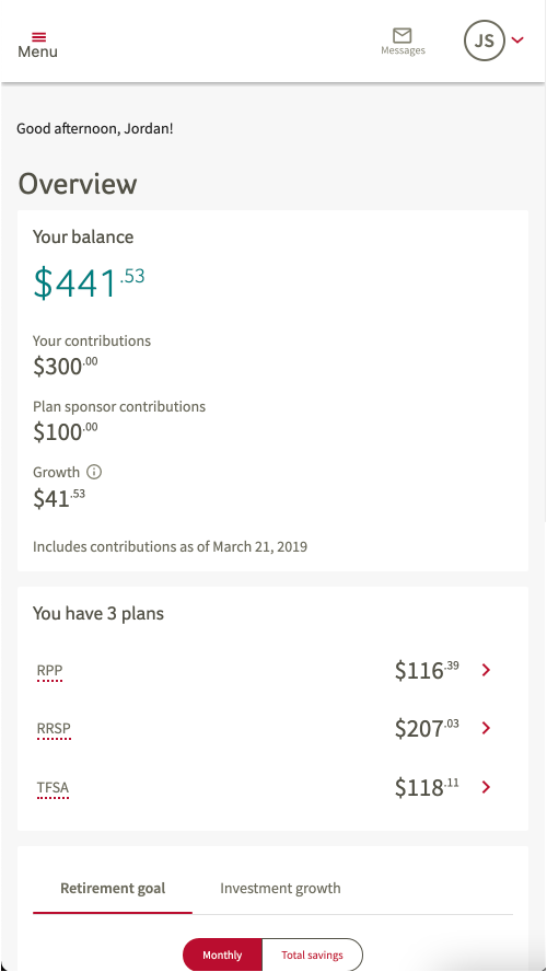 GRS Access shows the savings you have through your work. The main page is an overview displaying your balance, your plans, investment growth and info about setting a retirement goal.