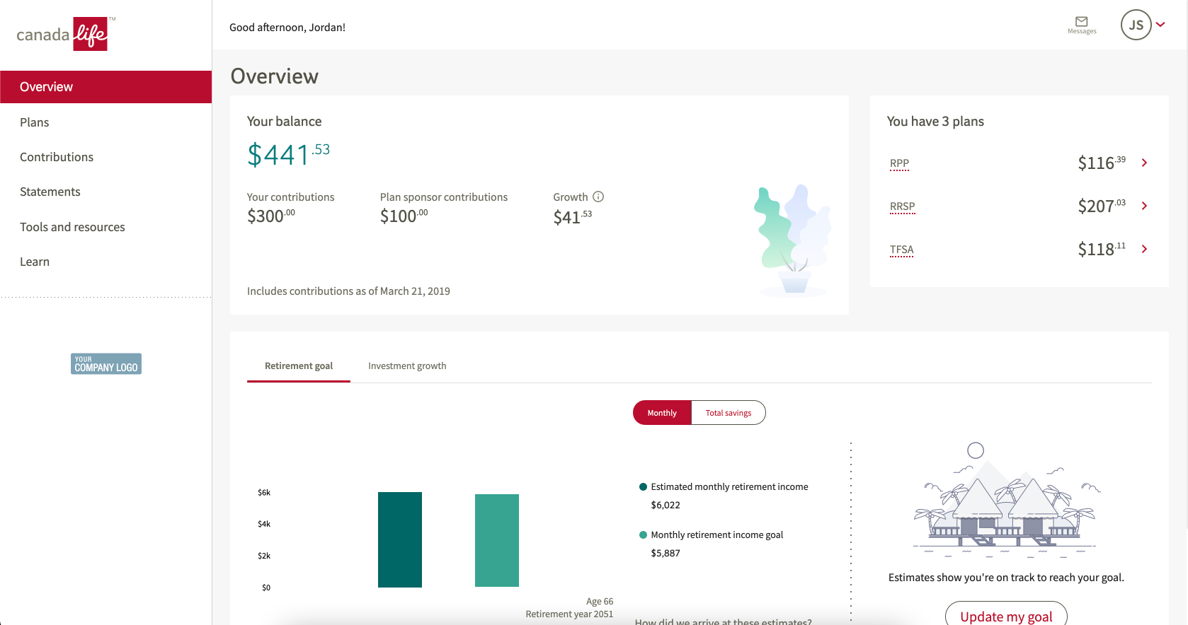 GRS Access shows the savings you have through your work. The main page is an overview displaying your balance, your plans, investment growth and info about setting a retirement goal.