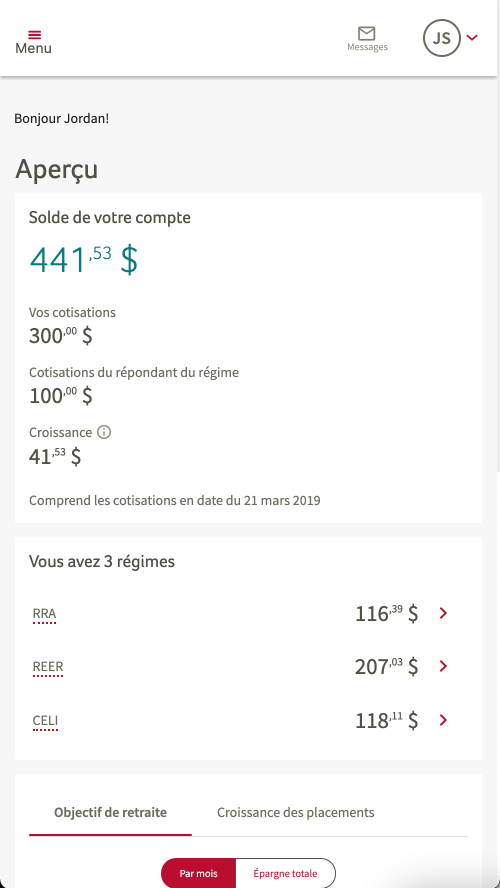 Accès SRC montre l’épargne que vous avez accumulée dans votre régime d’employeur. La page d’accueil donne un aperçu de votre solde, de vos régimes et de la croissance de vos placements. Elle contient également de l’information sur l’objectif d’épargne-retraite.