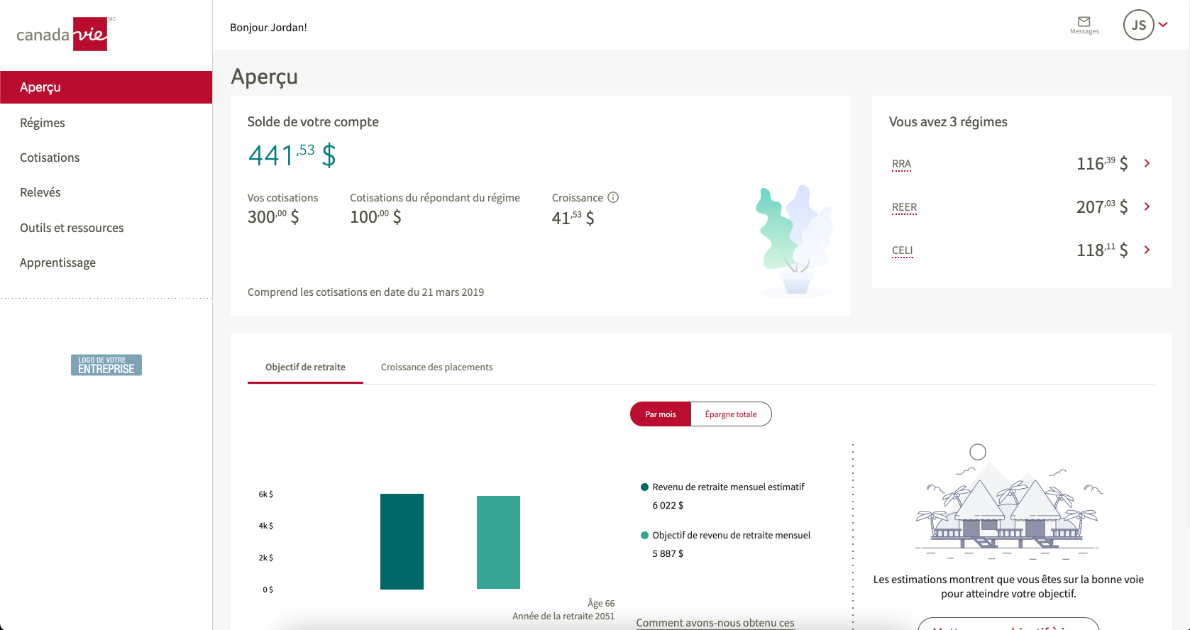 Accès SRC montre l’épargne que vous avez accumulée dans votre régime d’employeur. La page d’accueil donne un aperçu de votre solde, de vos régimes et de la croissance de vos placements. Elle contient également de l’information sur l’objectif d’épargne-retraite.